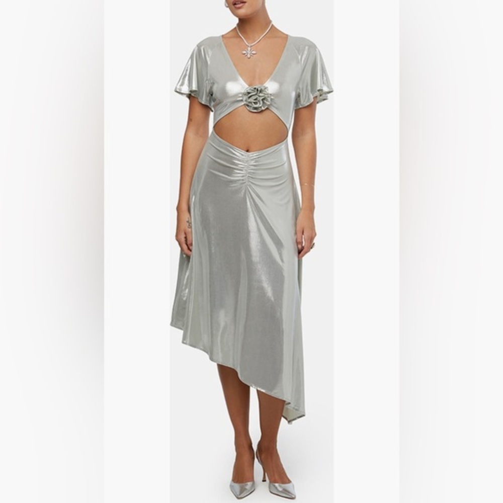 WeWoreWhat Silver Metallic Cut-Out Asymmetric Dress‎